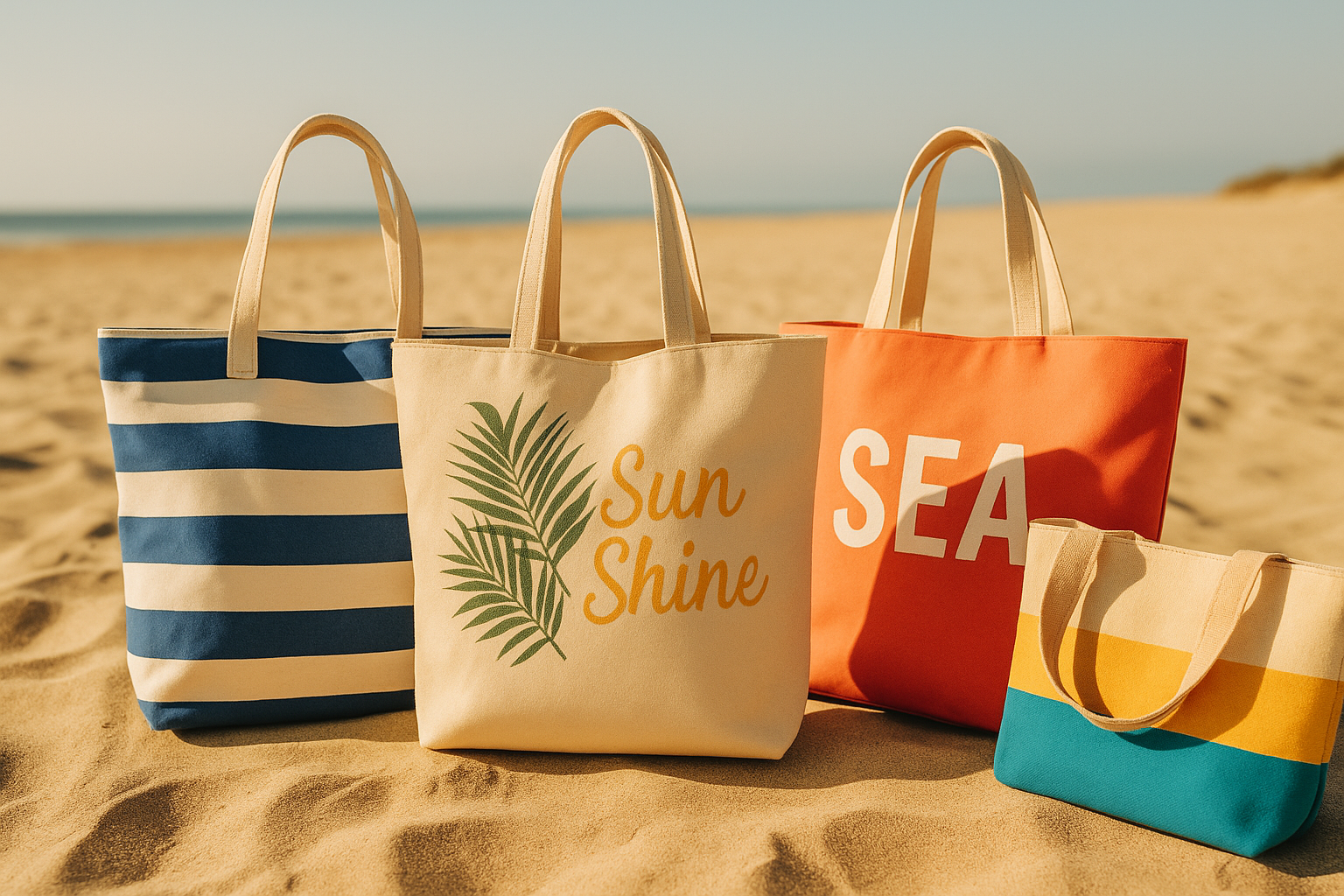 cabas de plage bleu orange beige sable