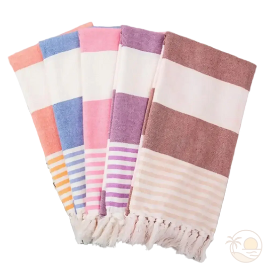 fouta plage coton pliees orange bleu rose violet marron