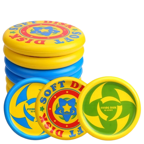 frisbee en mousse jaune vert bleu pile