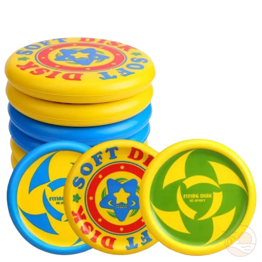 frisbee en mousse jaune vert bleu pile