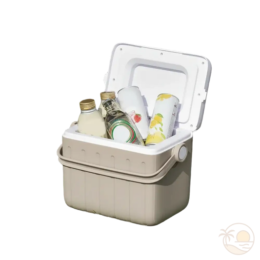 mini glaciere marron ouverte pleine