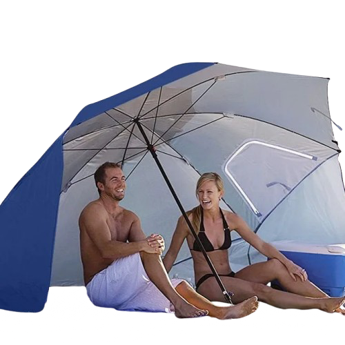 parasol abri de plage bleu couple