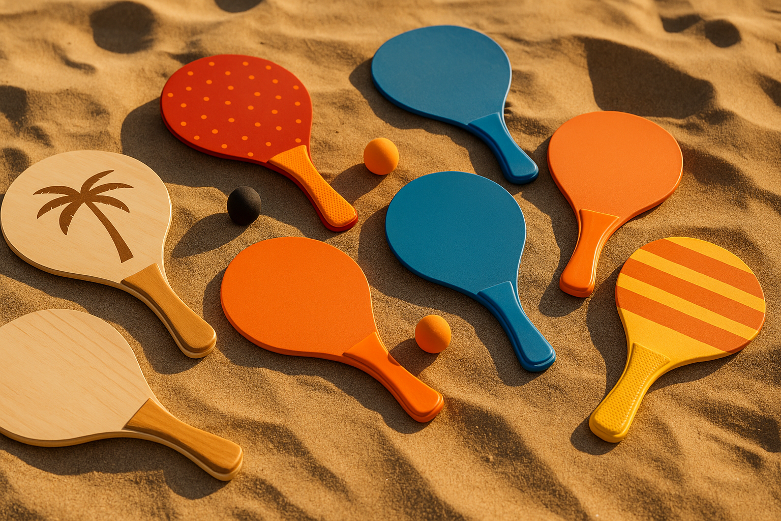 raquettes de plage en bois balles couleurs sable
