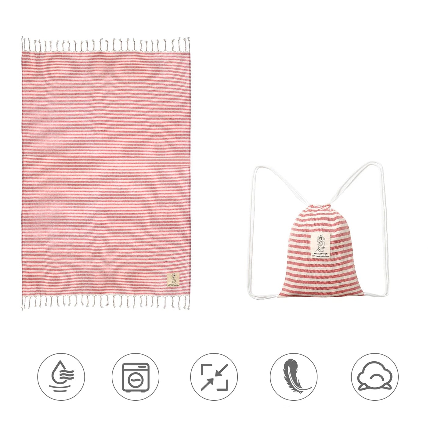 serviette de plage fouta roulee sac rouge