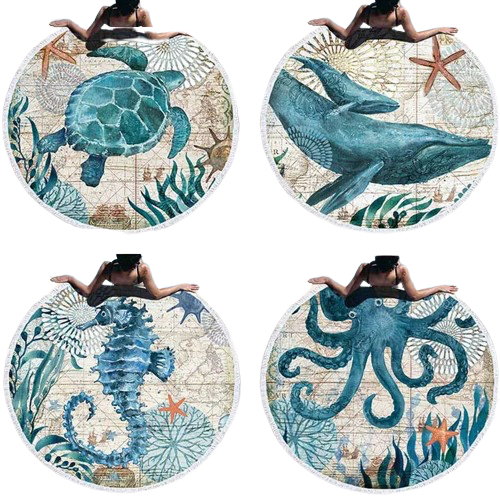 serviettes de plage rondes tortue baleine hippocampe pieuvre