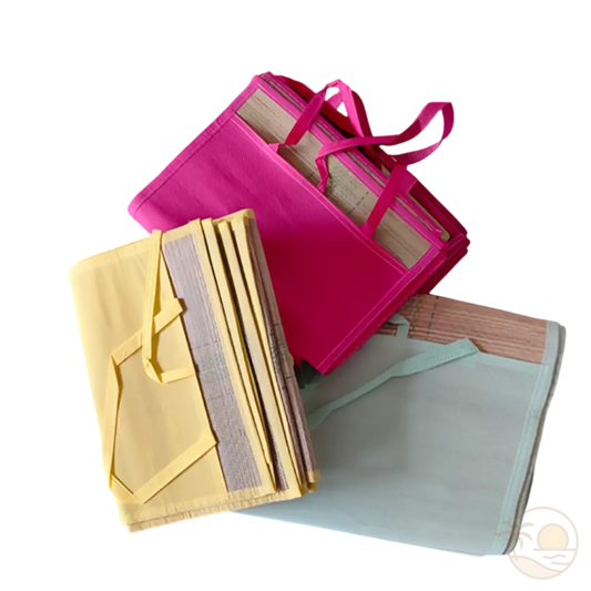 tapis de plage en paille rose bleu jaune plies