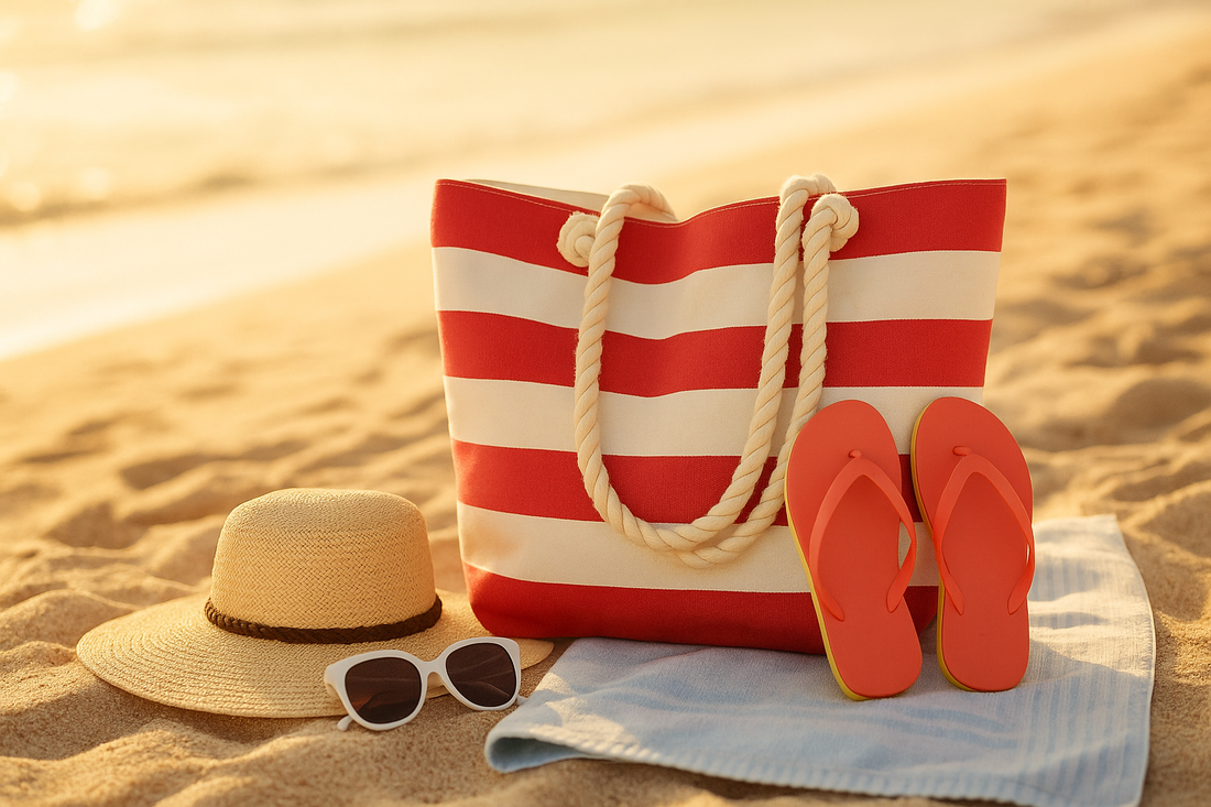 sac de plage tong lunettes chapeau serviette