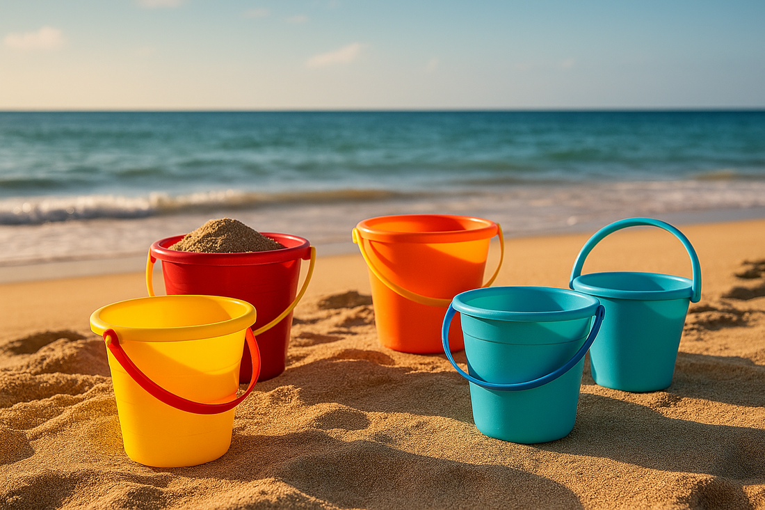 seau de plage bleu orange jaune rouge mer sable