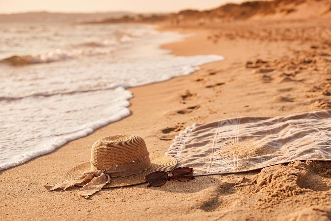 chapeau de paille lunettes de soleil fouta recouverte sable plage mer