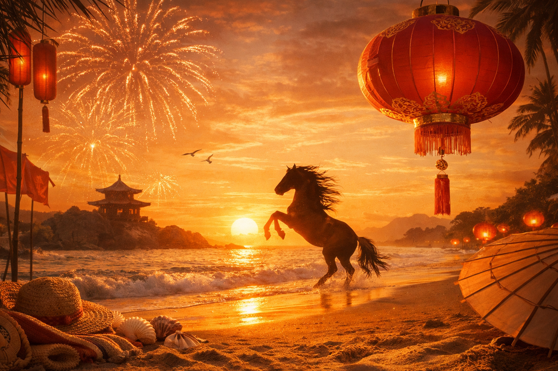 cheval cabre mer plage lanternes chapeau feux d'artifices