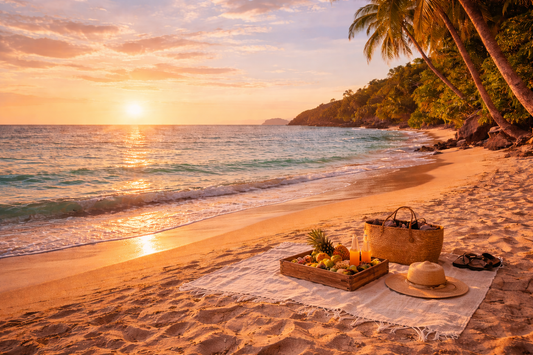coucher de soleil fouta mer sable fruits panier tongs