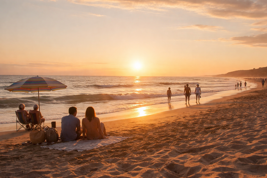 coucher de soleil plage mer sable couples amis familles