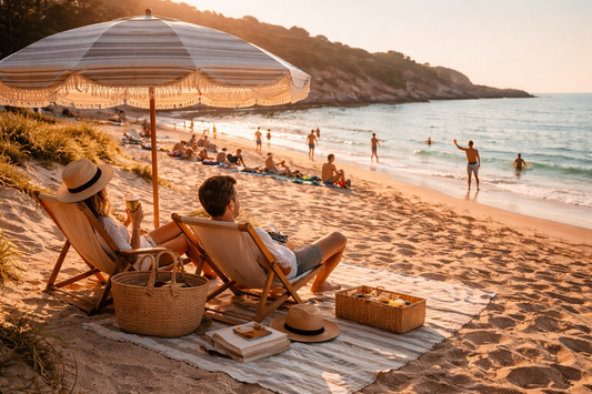 couple chaise longue parasol plage chapeau fouta panier mer sable
