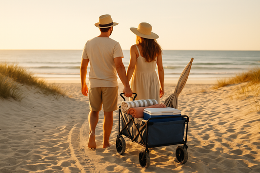 couple plage chariot de plage parasol serviettes