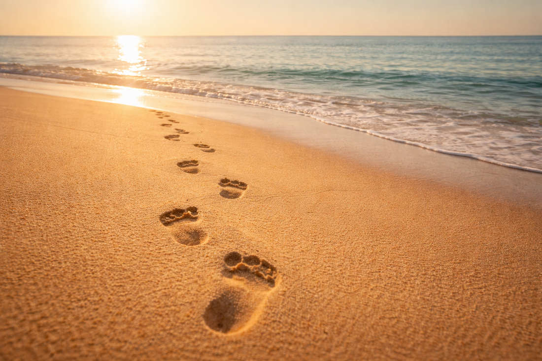 empreintes sable mer soleil couchant