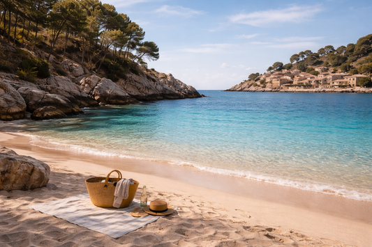 falaise arbres village mer sable chapeau panier serviette