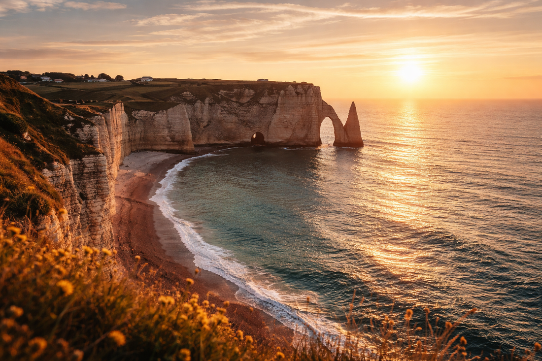 falaises etretat coucher de soleil maree basse