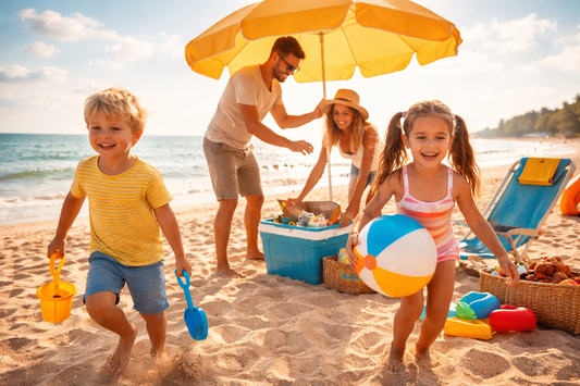 famille installation parasol enfants jeux mer glaciere