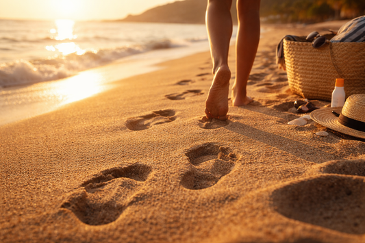 femme marche empreintes sable mer chapeau panier