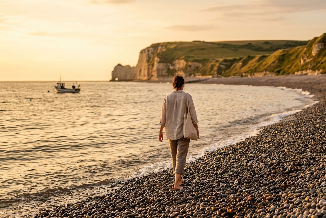 femme marche plage galets etretat mer bateau falaises coucher de soleil