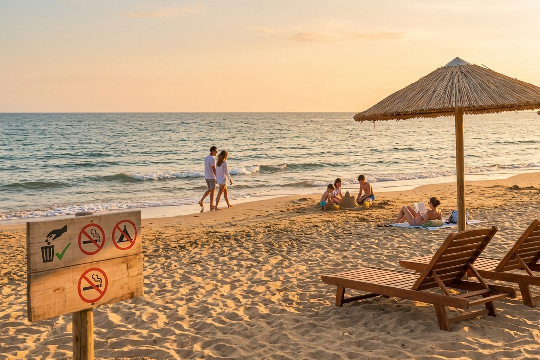 plage transats parasol sable mer panneau autorisations et interdictions