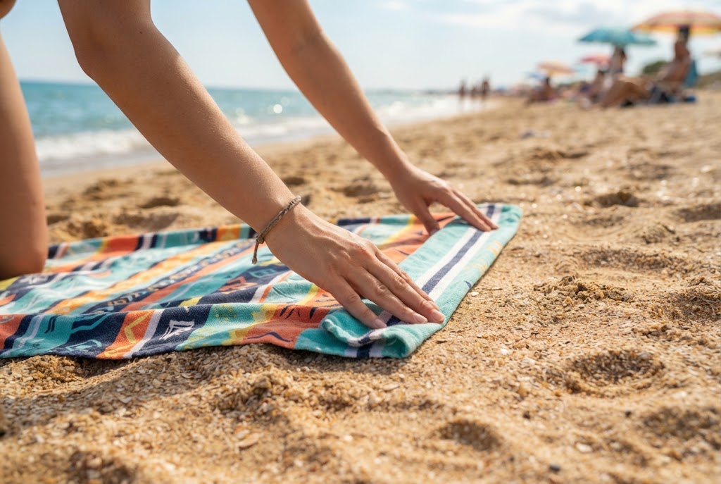 pliage serviette de plage sable mains methodes