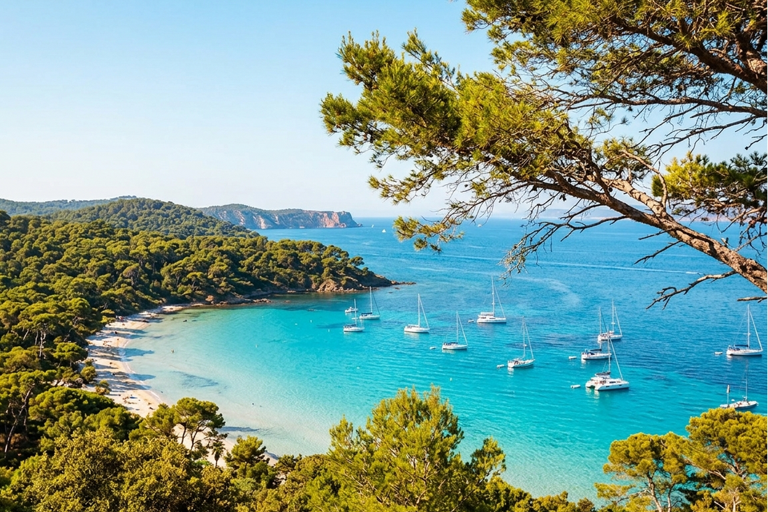 porquerolles eau turquoise baie lumineuse crique arbres bateaux de plaisance
