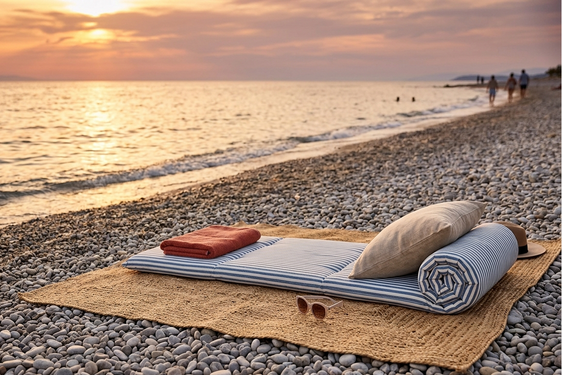 tapis matelas coussin serviette plage galets