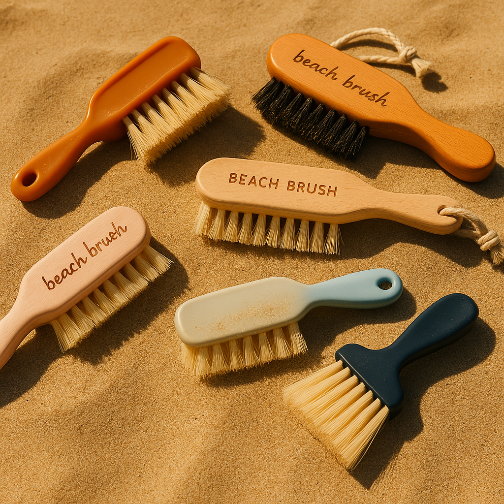 brosses de plage sable rouge marron bleu