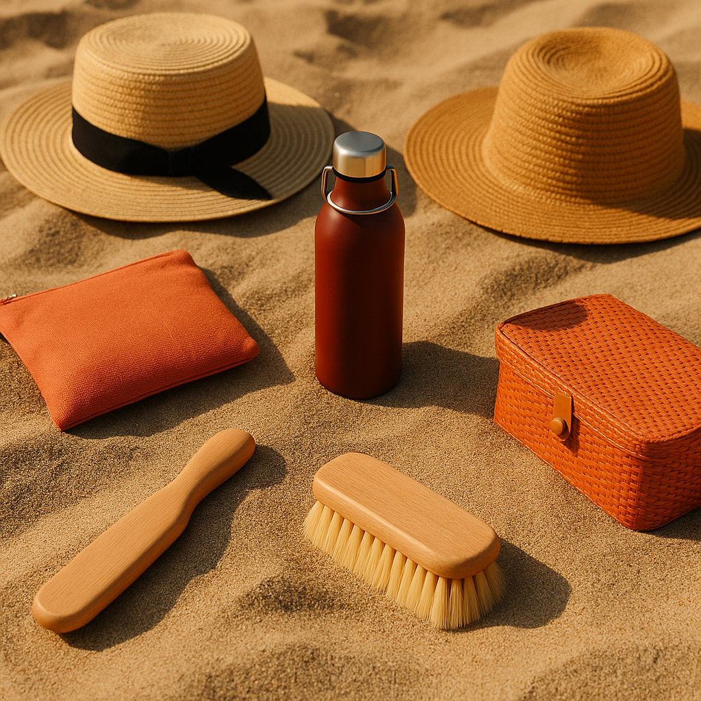 chapeaux de plage gourde pochette coffre brosses