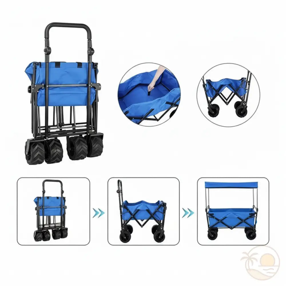chariot de plage avec toit bleu rangement