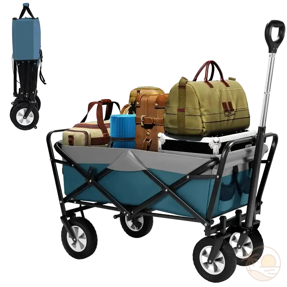 chariot de plage bleu gris charge ouvert