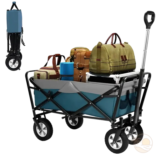 chariot de plage bleu gris charge ouvert