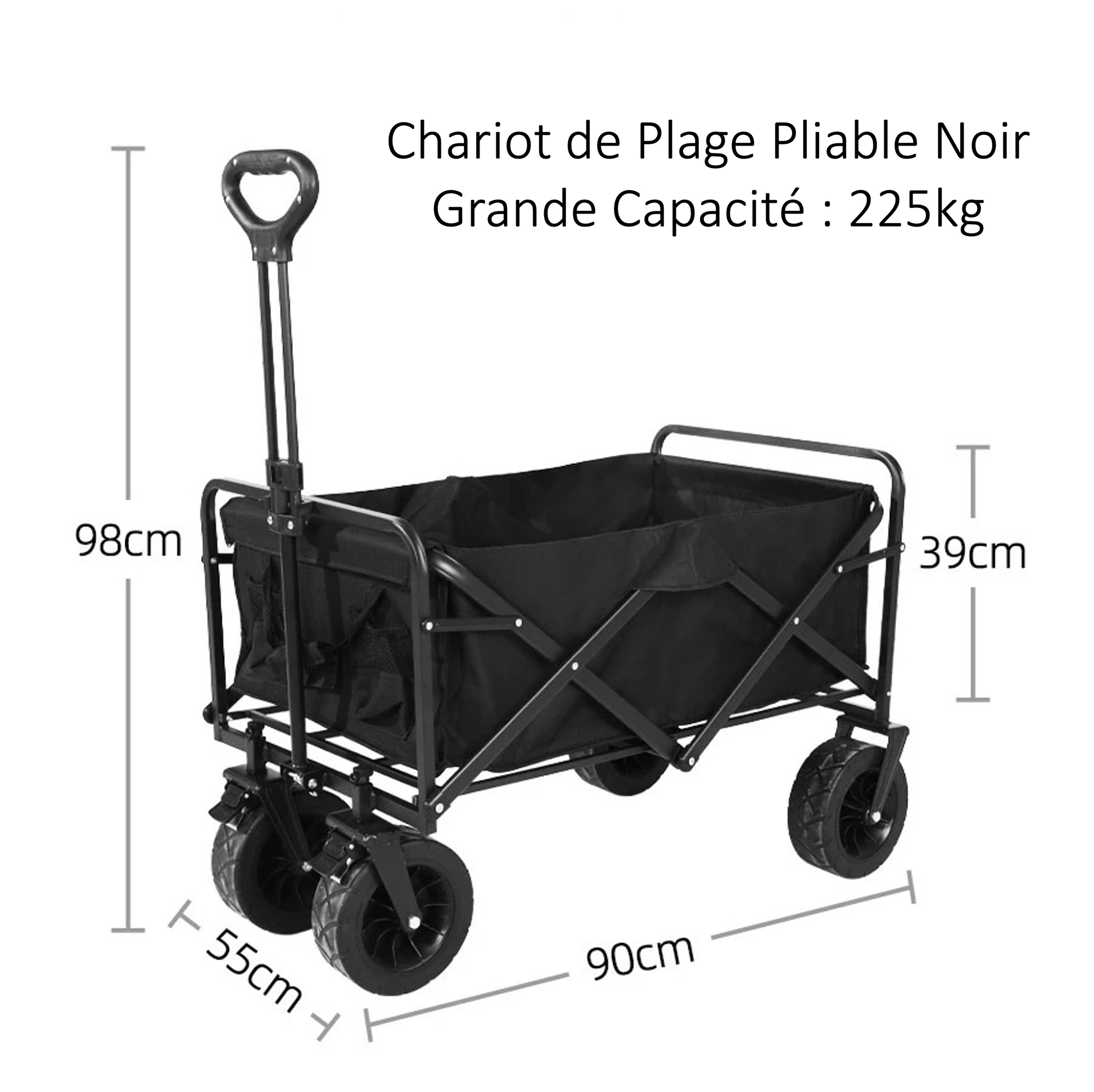 chariot de plage pliable noir dimensions grande capacite