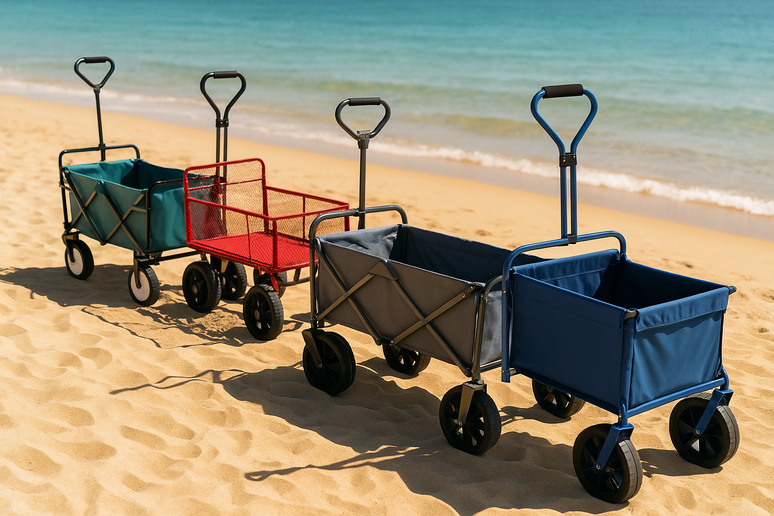 chariots de plage vert rouge gris bleu sable mer