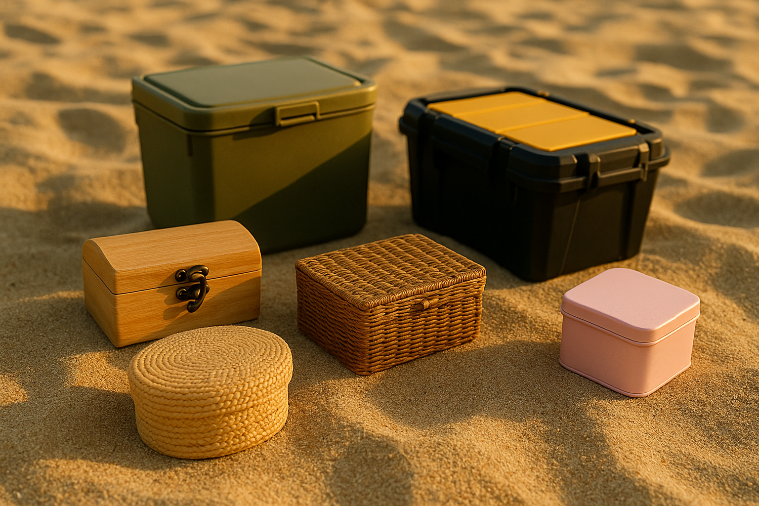 coffres de plage vert rose marron sable