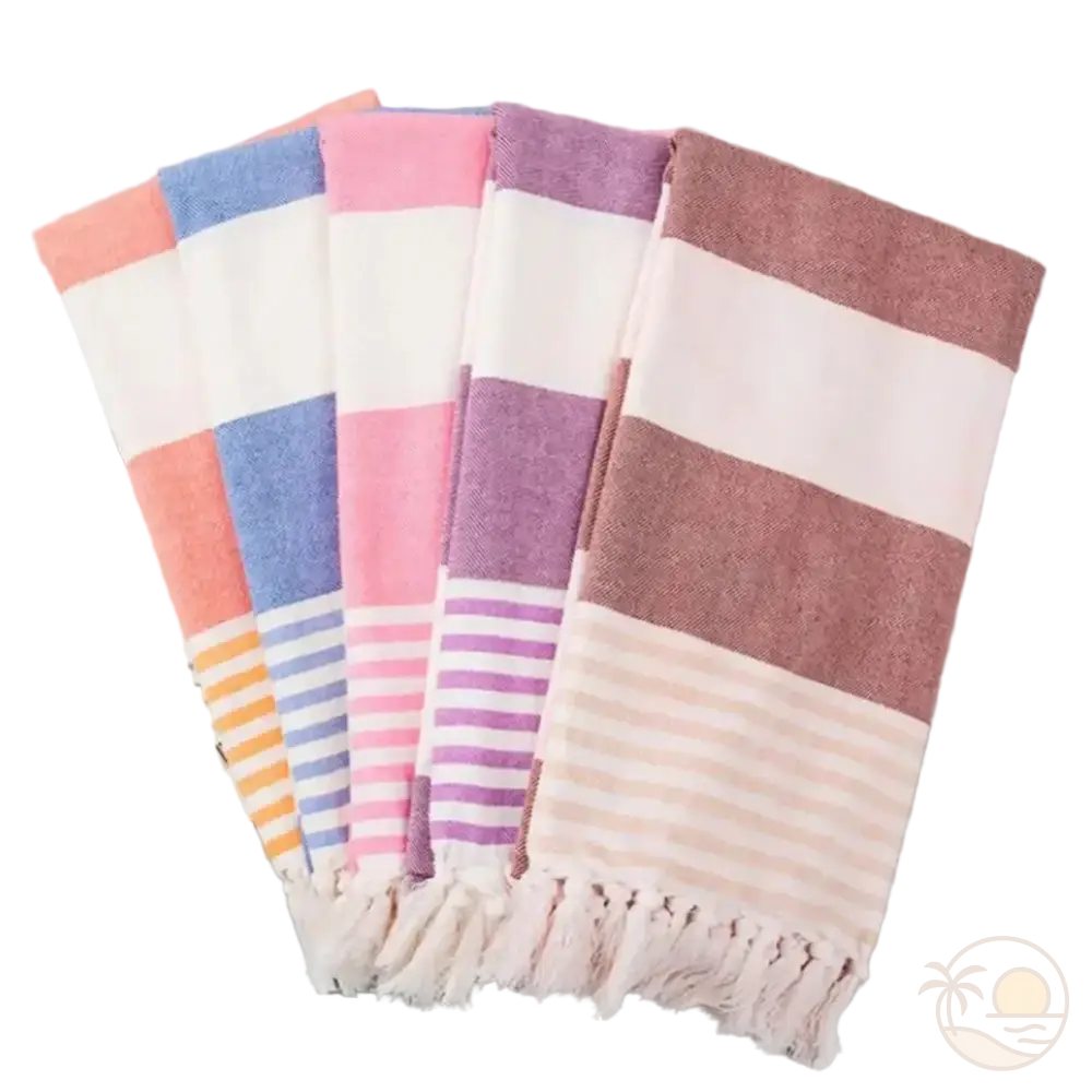 fouta plage coton pliees orange bleu rose violet marron