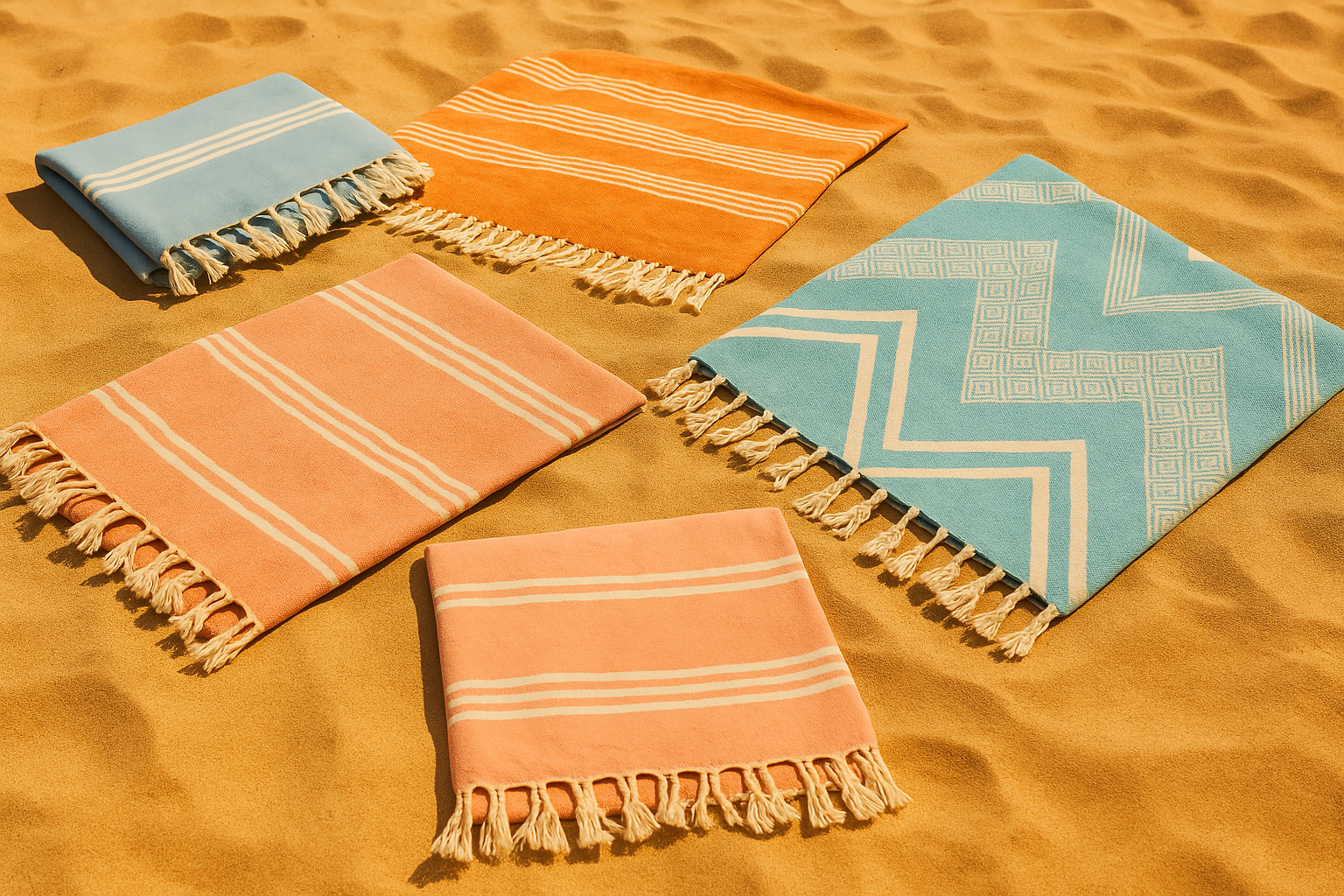 foutas de plage rose orange bleu pliees sable
