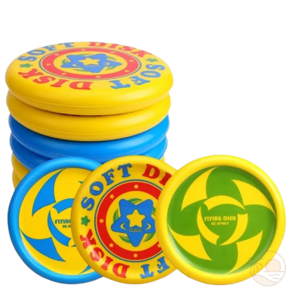 frisbee en mousse jaune vert bleu pile