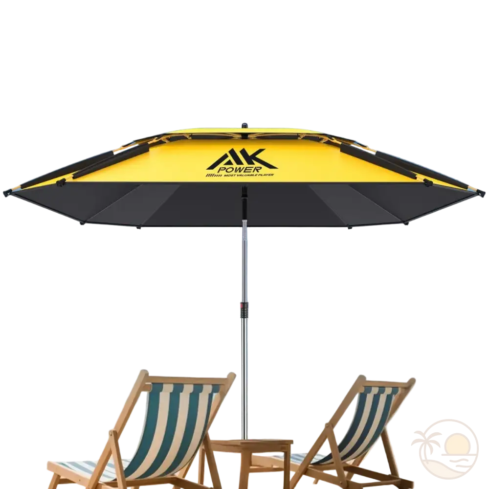 grand parasol de plage ouvert transats