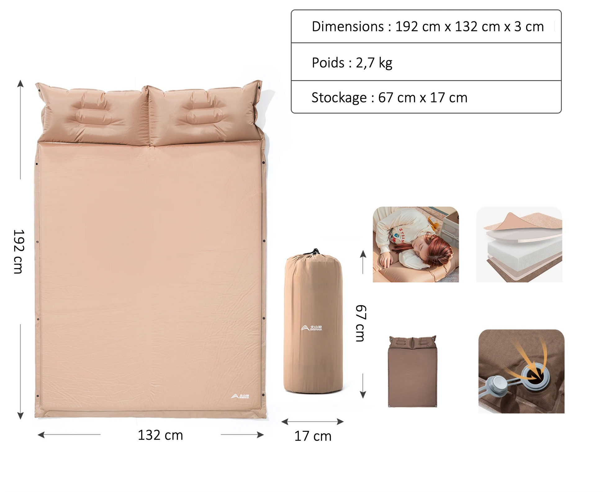 matelas avec coussin deux places 3 cm
