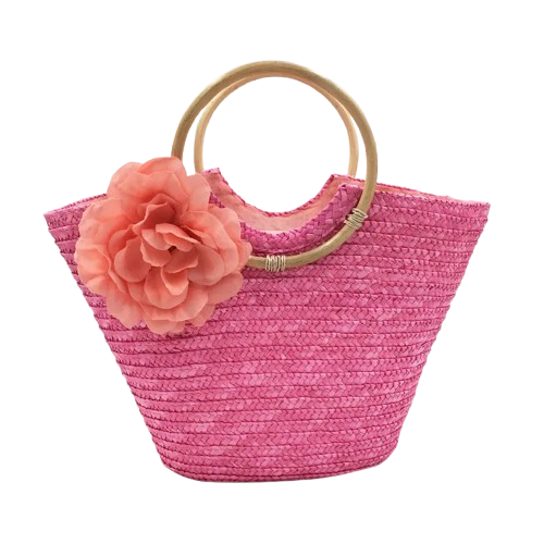 panier de plage en paille rose