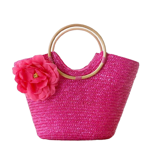 panier de plage en paille rose fonce