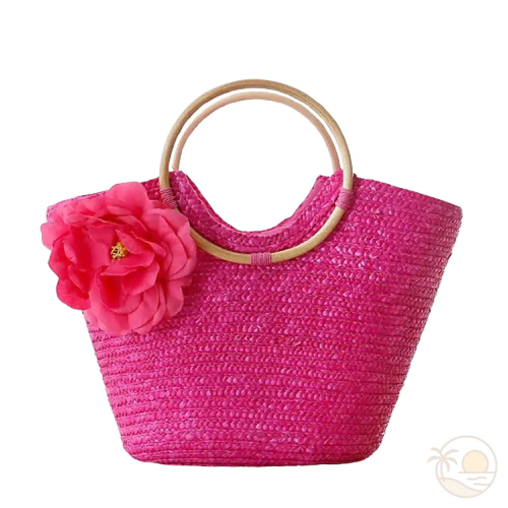 panier de plage en paille rose fonce