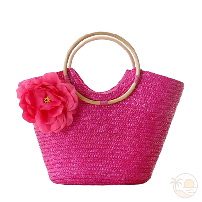 panier de plage en paille rose fonce