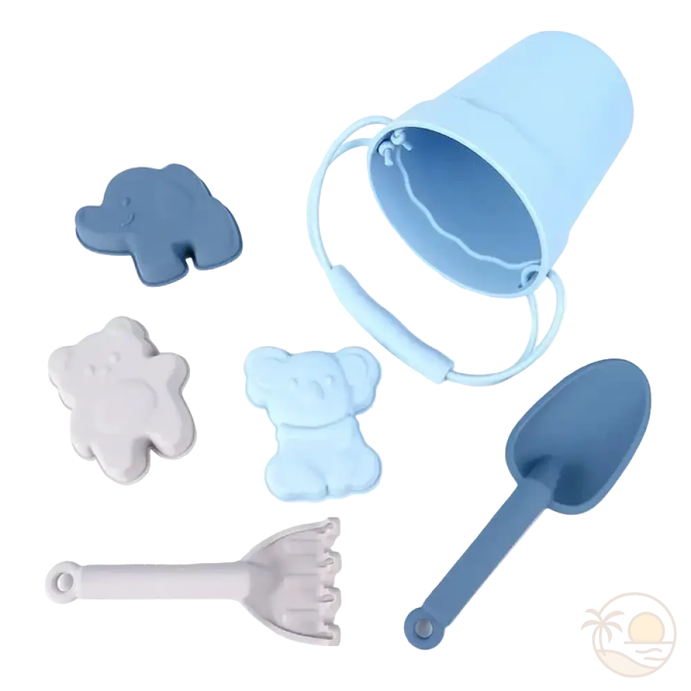 pelle et seau de plage bleu