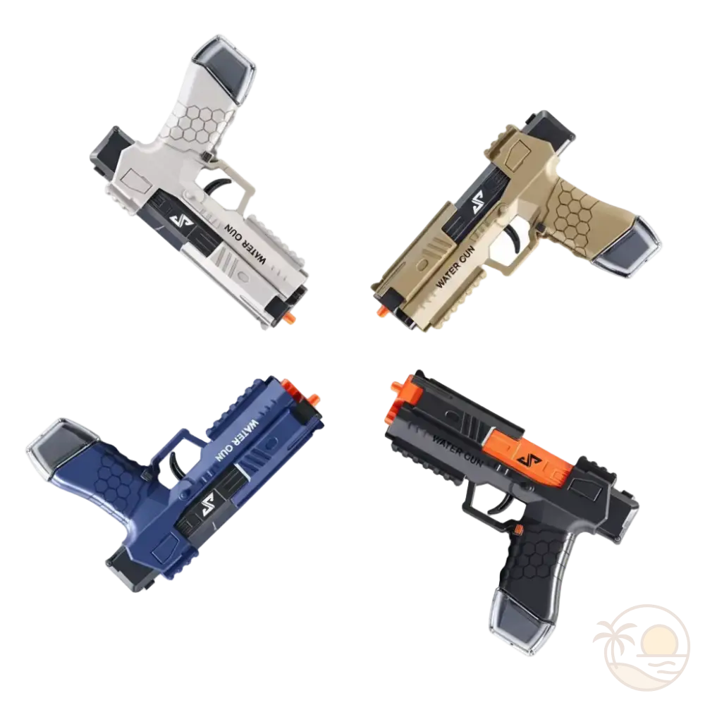 petits pistolets a eau noir et orange bleu blanc beige