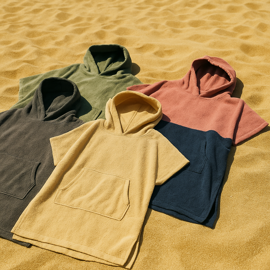 ponchos de plage rouge jaune vert gris sable