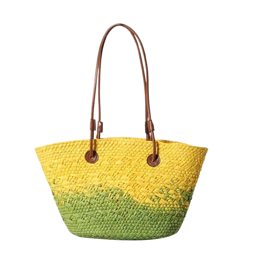 sac de plage en paille jaune et vert
