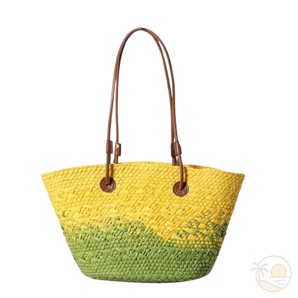 sac de plage en paille jaune et vert